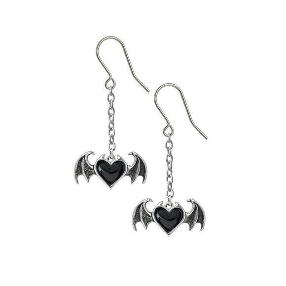 Alchemy Gothic Winged Black Heart Dangle Earrings NWT - Picture 2 of 2